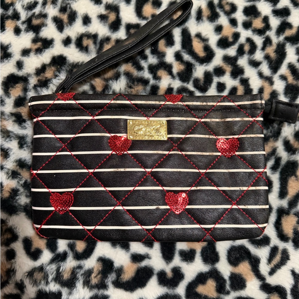 Betsey Johnson Black and Red Heart Quilted Wristlet